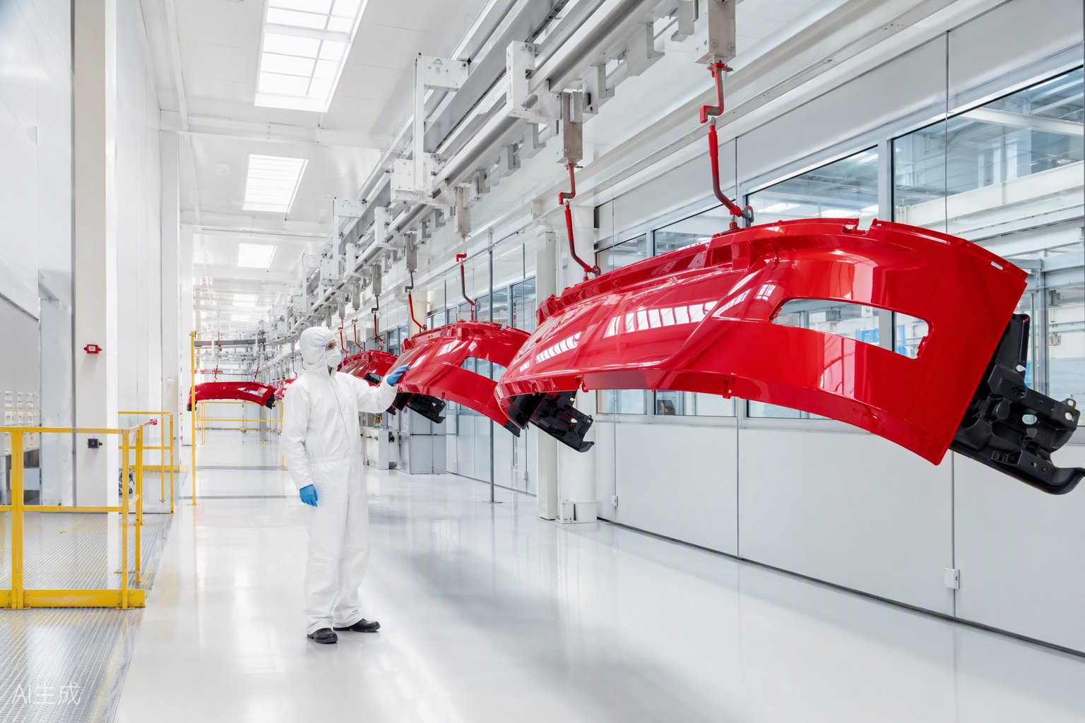 Interior de planta con sala limpia y transportador aéreo
